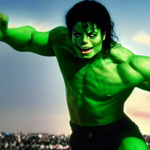 Image similar to michael jackson as the incredible hulk, movie still, 8 k