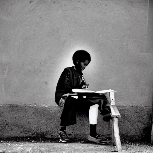 Image similar to a black boy with an afro hairstyle sits at the bench and writes something in a copybook with a pencil, the 9 0 s, garlem, black and white photography