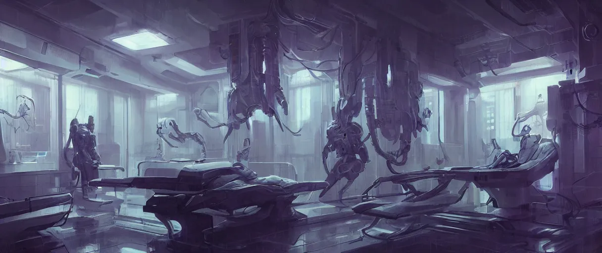 Image similar to neon surgery scanning machine cyberpunk futuristic, in a white room, art by giger, greg rutkowski