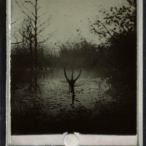 Image similar to creepy lovecraftian monster in swamp, 1910 Polaroid photo