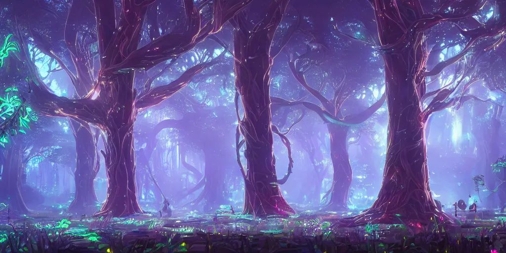 Prompt: huge cybernetic trees and neon cyberpunk lanterns, misty nighttime. radiating rich energy. photorealistic, expansive atmosphere, volumetric shading, holographic, intricate and detailed, vivid colors. aesthetic. ori and the blind forest, breath of the wild style, by miyazaki ghibli!!!. trending on artstation. award winning