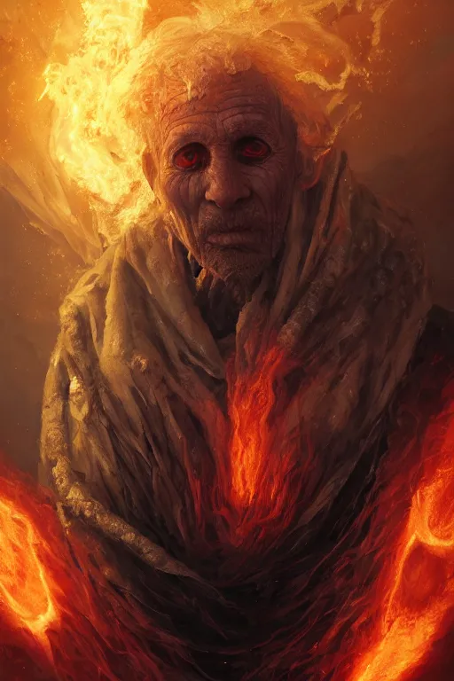 Image similar to the look of an elderly person, necromancer, witch - doctor covered with fire exploding into ice, full of wrinkles and imperfections by artgem and greg rutkowski, highly detailed, high contrast, light reflection, trippy, nebula, trending on artstation