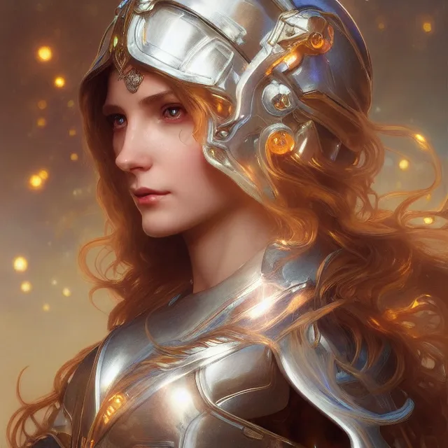 Image similar to close up portrait of a beautiful fantasy female goddess wearing shiny silver armor, glowing hair, glowing light armor, subsurface scattering, ethereal, artistic, temple background with light rays, fantasy atmosphere. art by artgerm, greg rutkowski and alphonse mucha, 3 d artstation octane render,