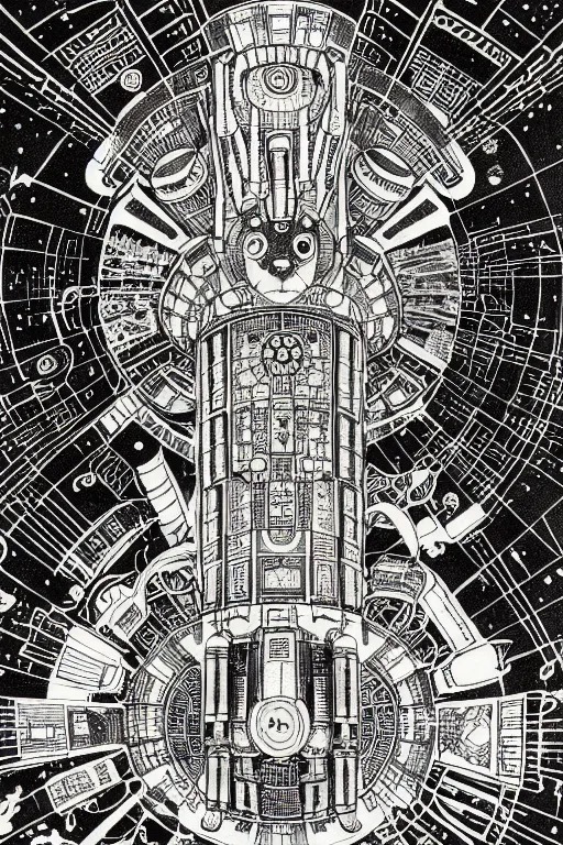 Image similar to a black and white drawing of an ancient future japanese temple international space station, bioluminescence, a detailed mixed media collage by hiroki tsukuda and eduardo paolozzi and ernst haeckel, intricate linework, sketchbook psychedelic doodle comic drawing, geometric, street art, polycount, deconstructivism, matte drawing, academic art, constructivism