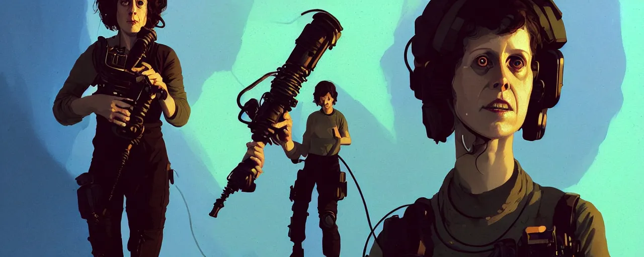 Image similar to duotone dark concept illustration 3 / 4 portrait of ellen ripley with flame thrower. cinematic volumentric lighting space. golden ratio accidental renaissance. by sachin teng and sergey kolesov and ruan jia and heng z. graffiti art, scifi, fantasy, hyper detailed. octane render. concept art. trending on artstation