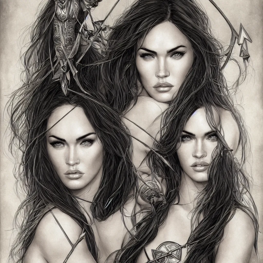 Image similar to portrait of beautiful megan fox as greek goddess aphrodite, archer, arrow on the head, beautiful piercing eyes, flowing blonde hair, realistic face, black and white drawing, in the style of greg rutkowski, fantasy, amazing detail, epic, intricate, elegant, smooth, sharp focus