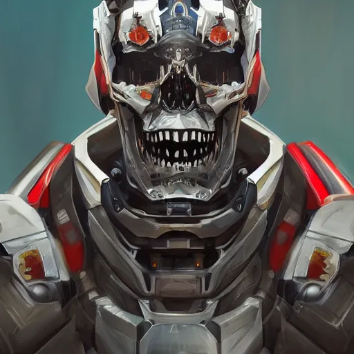 Image similar to full face portrait of a mecha skull ronin, 8k, hyperdetailed, digital painting, futuristic, trending on CG society