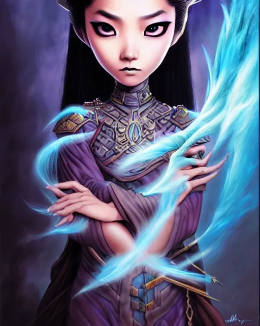 Image similar to an epic fantasy comic book style painting of a young malaysian woman, flying ice magician, lace, expressive, cold palette, dark piercing eyes, tan skin, beautiful futuristic hair style, awesome pose, character design by mark ryden pixar hayao miyazaki, ue 5