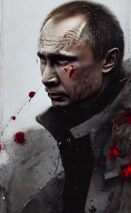 Image similar to detailed portrait of angry vladimir putin, volumetric light from below, merciless, cold, reflective military puffy coat with blood splats by ismail inceoglu dragan bibin hans thoma greg rutkowski alexandros pyromallis nekro rene maritte illustrated, perfect face, fine details, realistic shaded, fine - face, direct glaze