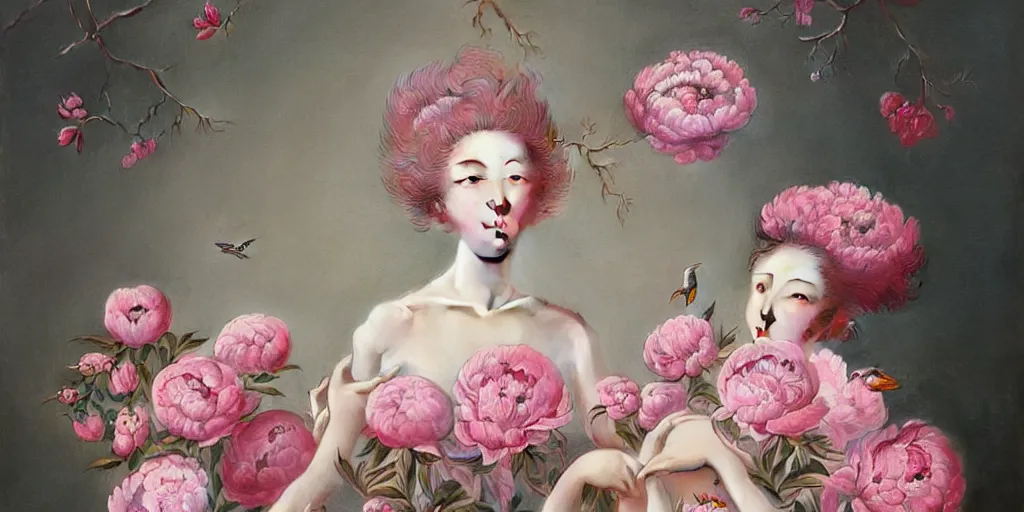 Image similar to breathtaking detailed concept art painting blend of pink short hair goddesses of peonies by hsiao - ron cheng with anxious piercing eyes, vintage illustration pattern with bizarre compositions blend of flowers and fruits and birds by beto val and john james audubon, exquisite detail, extremely moody lighting, 8 k