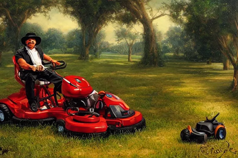 Image similar to portrait of wwf papa shango riding a lawn mower, an oil painting by ross tran and thomas kincade