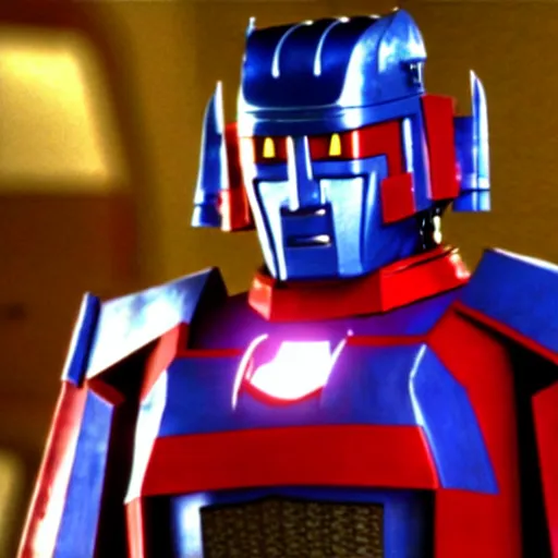 Image similar to mr. bean as optimus prime from the transformers movie. movie still. cinematic lighting.