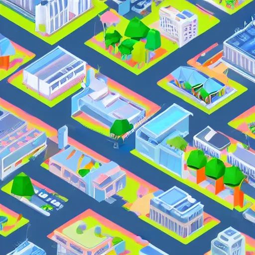 Image similar to isometric low poly city landscape of a lush and bright futuristic city, full of white buildings and futuristic cars, bright blue sky