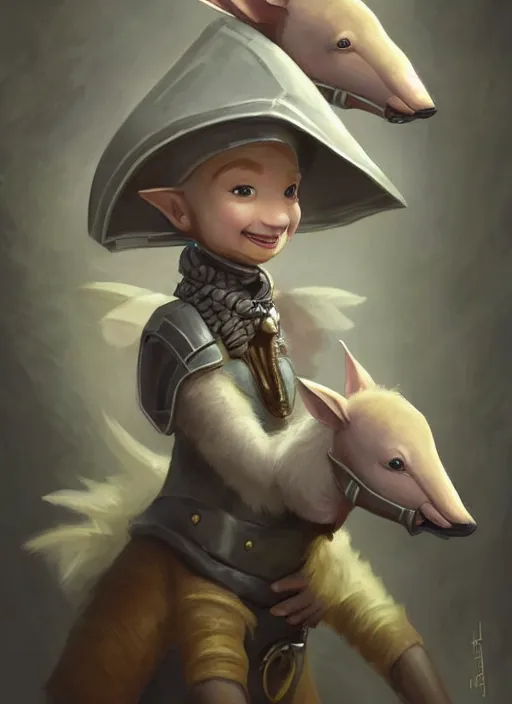 Image similar to cute little anthropomorphic aardvark announcer wearing Atiel's veil, tiny, small, miniature animal, baby animal, short, pale black armor, cute and adorable, pretty, beautiful, DnD character art portrait, matte fantasy painting, DeviantArt Artstation, by Jason Felix by Steve Argyle by Tyler Jacobson by Peter Mohrbacher, cinematic lighting