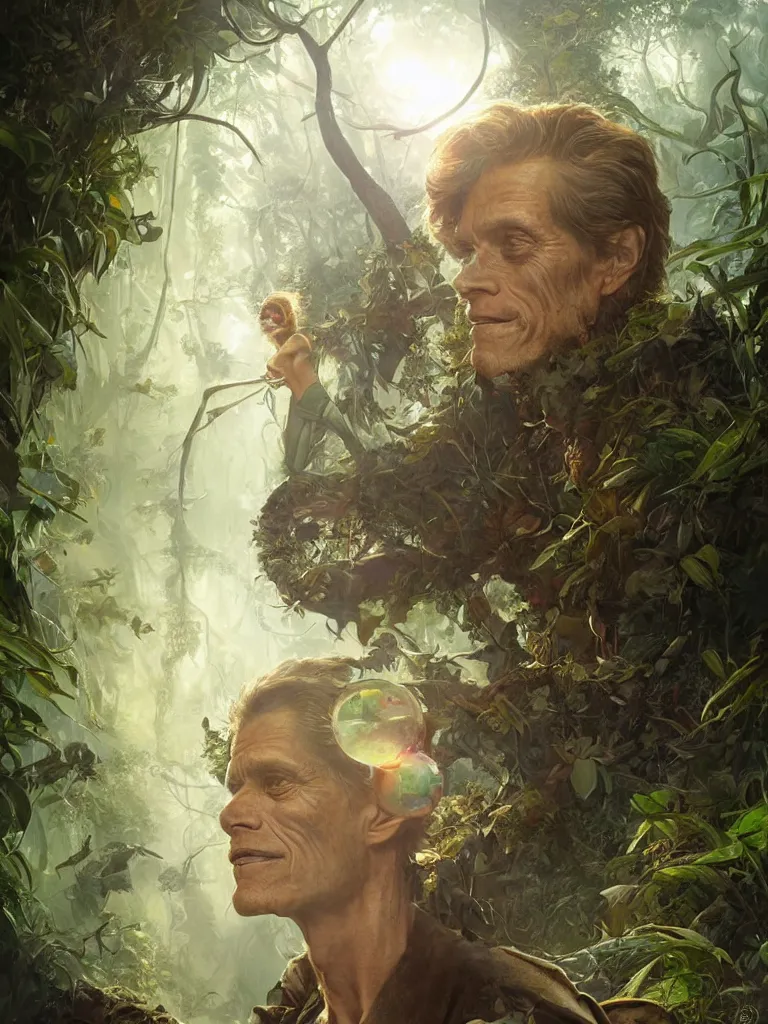 Image similar to a hyperrealistic solarpunk portrait of a Willem Dafoe lookalike, in a steaming jungle with fractal sunlight, award-winning, masterpiece, in the style of Tom Bagshaw, Cedric Peyravernay, Peter Mohrbacher
