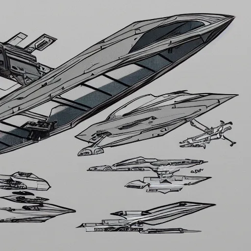 Prompt: sketches of fighting spaceship where other spaceship can land on, full page, technical, detailed