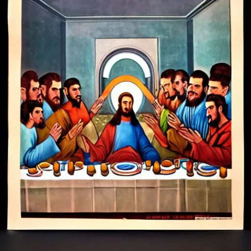 Image similar to a World War II Russian Soviet propaganda poster of The Last Supper