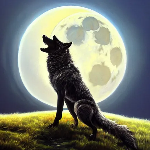 Image similar to A Hyperdetailed Award Winning Masterpiece trending on artstation of a wolf howling at the moon, oil painting