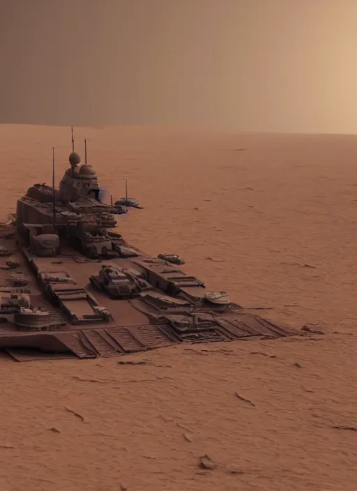 Prompt: A massive stranded battleship in the desert, dark sandstorm clouds on the horizont, dune, mars. Highly detailed, dystopic, cinema 4d