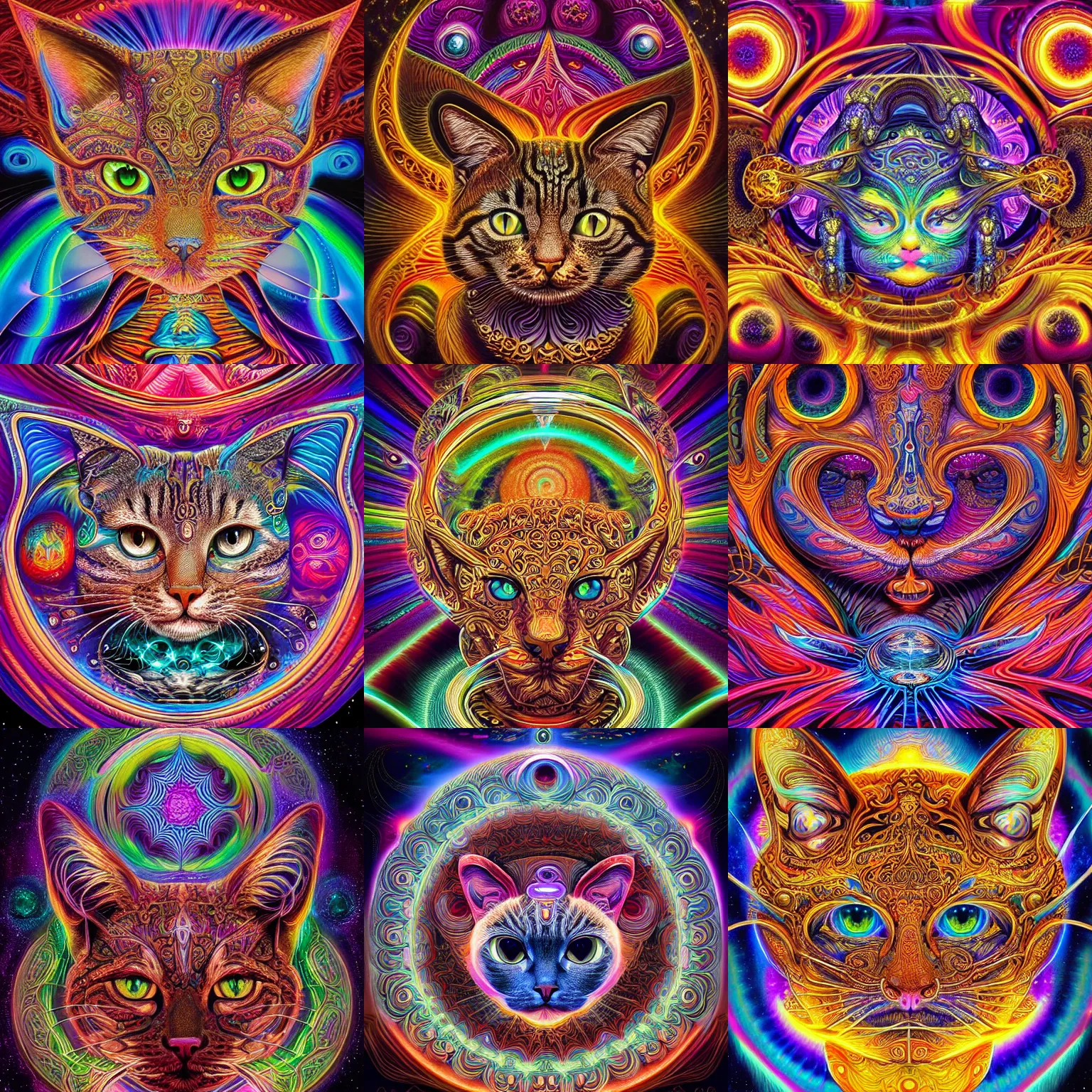 Prompt: a intricate ornate psychedelic image of a cosmic cat, digital art by felix kelly, alex grey, dan mumford, artgerm, psychedelic art, psychedelic, fractalism, fractals, sacred geometry, trending on artstation, art, realistic, highly detailed, cgsociety, octane render, hd, 3 d