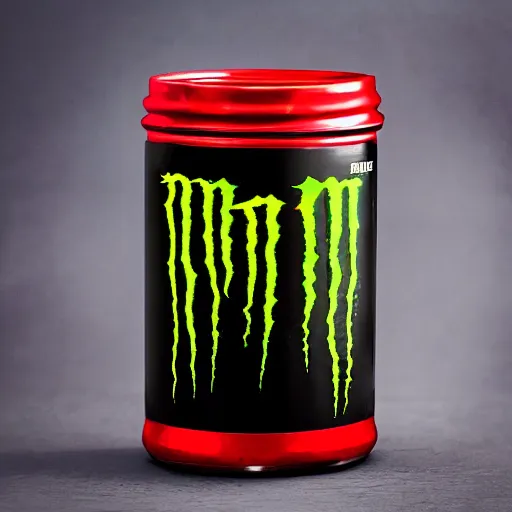 Image similar to New drink from monster energy, red long jar, black symbol, golden elements