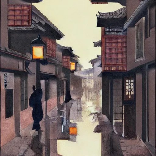 Image similar to a typical japanese city street in the rain, vermeer painting, dark academia aesthetic, matte painting