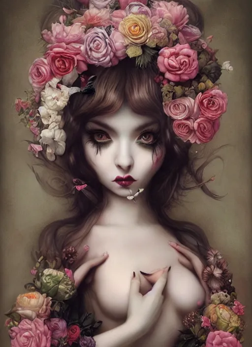 Image similar to pop surrealism, lowbrow art, realistic seductive cute woman painting, long hair, japanese shibari with flowers, hyper realism, muted colours, rococo, natalie shau, loreta lux, tom bagshaw, mark ryden, trevor brown style,