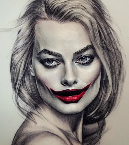 Image similar to tattoo design sketch of beautiful margot robbie portrait with joker makeup, in the style of den yakovlev, realistic face, black and white, realism tattoo, hyper realistic, highly detailed, beautiful drawing