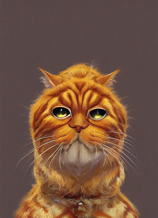 Image similar to portrait of Garfield, highly detailed, centered, solid color background, digital painting, artstation, concept art, smooth, sharp focus, illustration, artgerm, donato giancola, Joseph Christian Leyendecker, Les Edwards, Ed Repka, WLOP, Artgerm