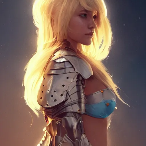 Image similar to full body portrait of a blonde female wearing bikini knight armor, an ultrafine hyperdetailed illustration by tooth wu and wlop and beeple and greg rutkowski, trending on artstation, highly detailed, 4 k, 8 k
