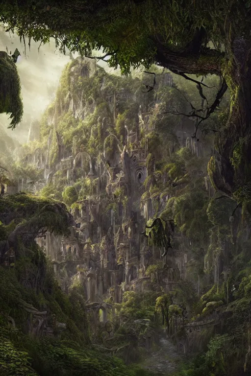 Image similar to fairy palace-castle, towers, gnarly trees, lush vegetation, forrest, landscape, raphael lacoste, eddie mendoza, alex ross, concept art, matte painting, highly detailed, rule of thirds, dynamic lighting, cinematic, detailed, denoised, centerd