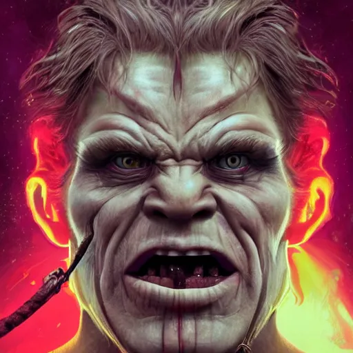 Image similar to detailed photo portrait of a Half-orc bard portrayed by Gary Busey, 8k,by Tristan Eaton, Stanley Artgermm, Tom Bagshaw, Greg Rutkowski, Carne Griffiths, trending on DeviantArt, face enhance, hyper detailed ,full of color, dramatic lightning, epic stance