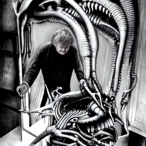 Image similar to photoreal portrait of hr giger becoming a xenomorph
