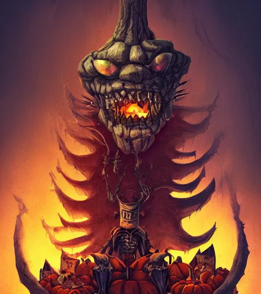 Prompt: a monster with a pumpkin head wearing a king's robe, sitting on a stone throne, john loren and tim burton illustration, creepy carved expression, darksiders halloween theme, creepy lighting, dynamic pose, 4 k artstation, masterpiece