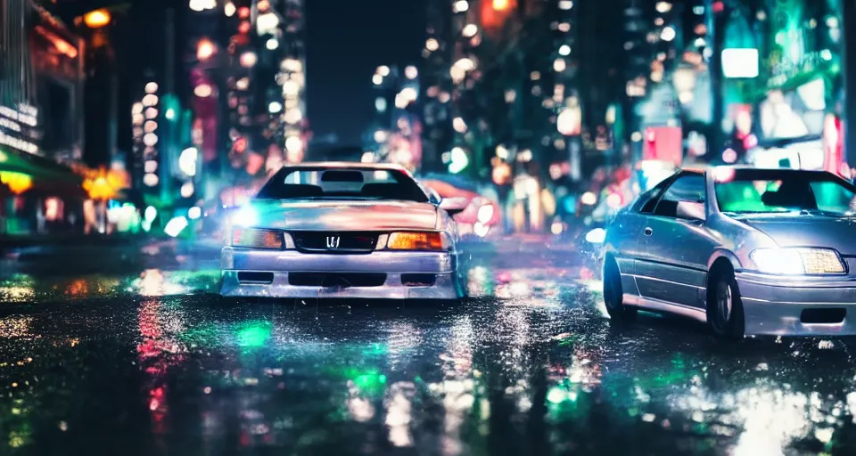 Prompt: close up macro shot of a honda prelude car on wet city street at night intricate hyper detailed smooth high contrast neon volumetric li