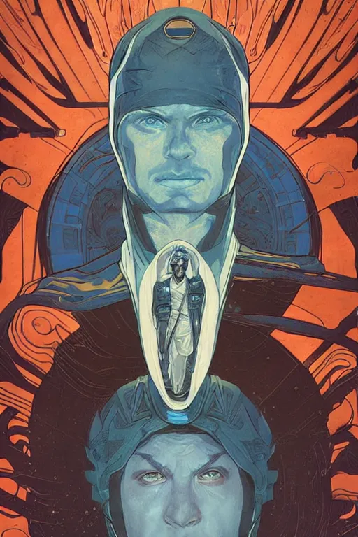 Image similar to frank herbert's dune themed majestic paul atreides blue eyed fremen prophet sketch by sachin teng, moebius, artgerm, alphonse mucha, masterpiece, intricate organic painting, matte painting, futuristic geometrical drawing shapes, desert ambience, hard edges, cinematic character art movie poster by drew struzan, graffiti, street art by sachin teng