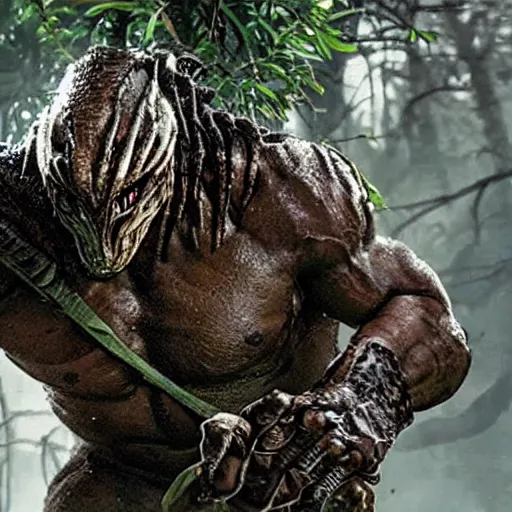 Prompt: realistic looking predator from movie in city environment