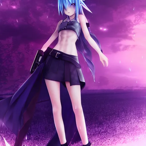 Prompt: beautiful anime girl in the style of final fantasy 7 with purple eyes, wearing a skirt and tanktop, perfect body, standing in the rain, high quality anime art, trending on artstation, 8K octane render, wallpaper