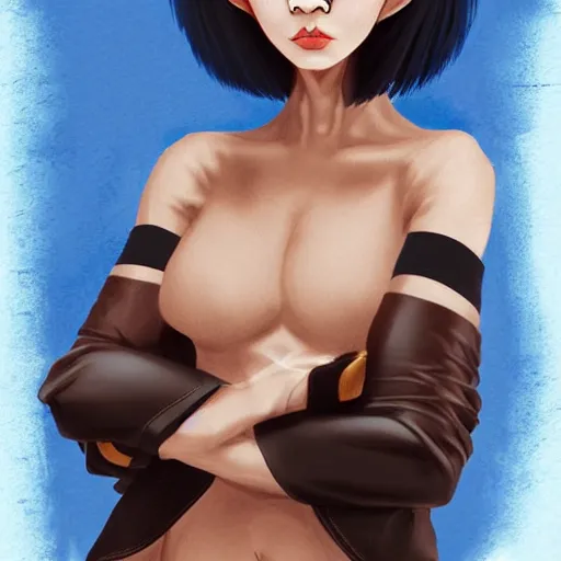 Image similar to illustrated realistic portrait of ram-horned devil woman with blue bob hairstyle and her tan colored skin and with solid black eyes wearing leather by rossdraws