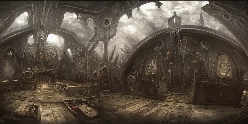 Prompt: interior, wide angle, cockpit of an fantasy gothic crusader altarship, matte painting