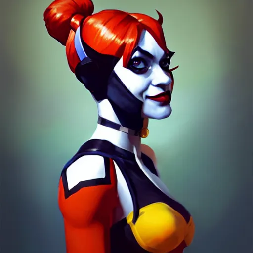 Image similar to Greg Manchess portrait painting of Harley Quinn as Overwatch character, medium shot, asymmetrical, profile picture, Organic Painting, sunny day, Matte Painting, bold shapes, hard edges, street art, trending on artstation, by Huang Guangjian and Gil Elvgren and Sachin Teng