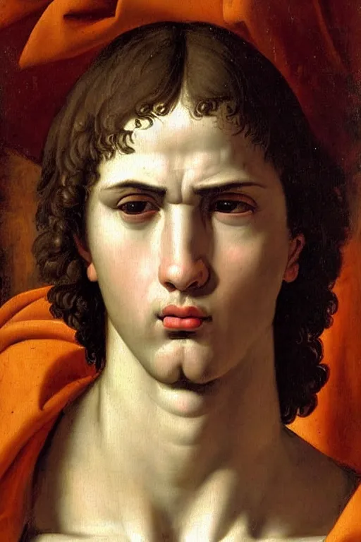 Image similar to renaissance painting of young man, monk haircut, pleading face, tears dripping from the eyes, emotions closeup, dressed in roman armour, the beautiful garden, ultra detailed, art by Guido Reni style, Vincenzo Catena style
