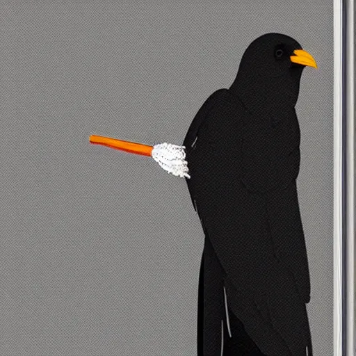 Image similar to a crow wearing a bathrobe standing near a window smoking a cigar, detailed and refined digital Adobe Photoshop drawing, 1992