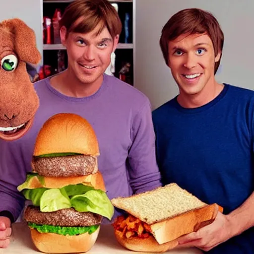 Image similar to realistic photo of scooby doo and shaggy with 2 foot high sandwiches