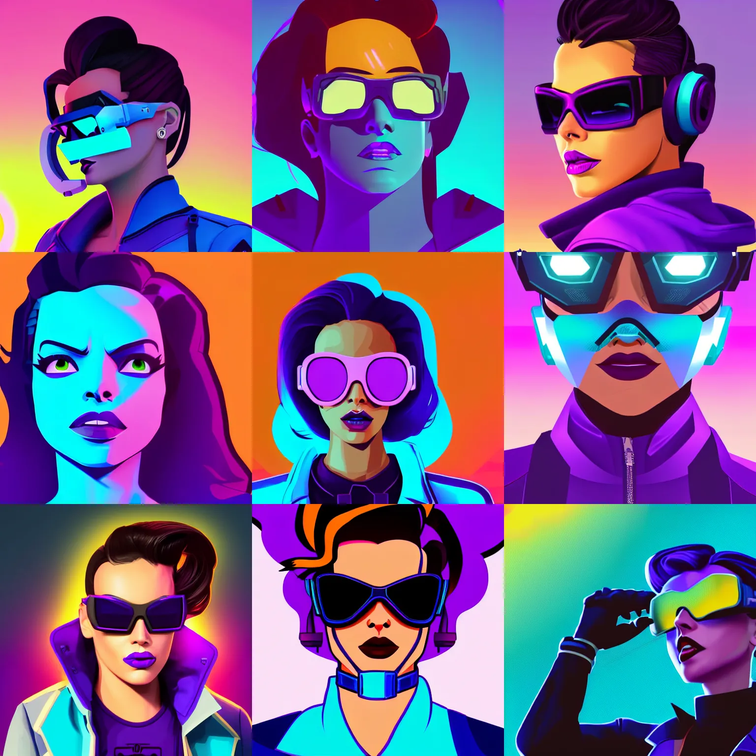 Prompt: closeup portrait of sombra from overwatch with light blue shutter shades in front of a sunset, a dark purple leather jacket, one side brown haircut with blue tips on the end, vector art by jan tengnagel, pixabay contest winner, retrofuturism, retrowave, synthwave, outrun, portrait, synthwave