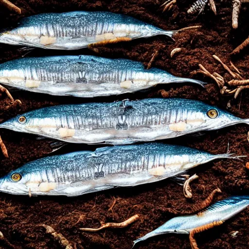 Image similar to a sardine grows from the soil, realistic, detailed, 4k, photography