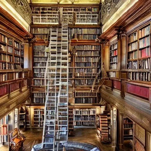 Prompt: a giant library, interior, tons of rooms, stairs to an upper floor, beautiful, magic, mystical