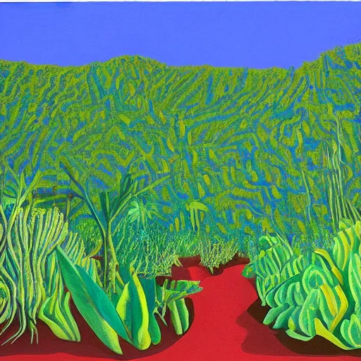 Image similar to painting of a lush natural scene on an alien planet by david hockney. beautiful landscape. weird vegetation. cliffs and water.