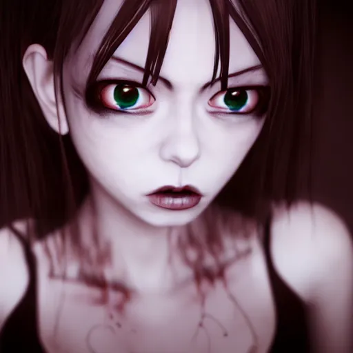 Image similar to photorealistic full shot portrait of angry darkness anime girl, inspired by tim burton, detailed, unreal engine 4 k, volumetric light, fog