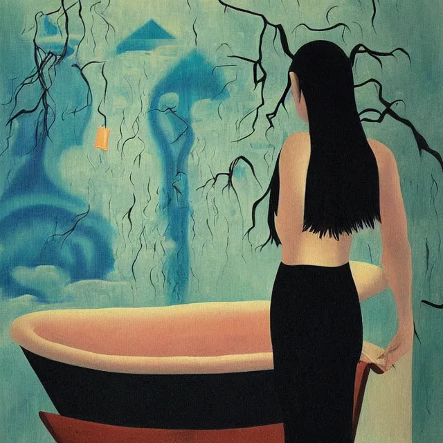 Prompt: tall female emo artist in her flooded bath, water gushing from ceiling, painting of flood waters inside an artist's bathroom, a river flooding indoors, pomegranates, pigs, ikebana, zen, water, octopus, river, rapids, waterfall, black swans, canoe, berries, acrylic on canvas, surrealist, by magritte and monet